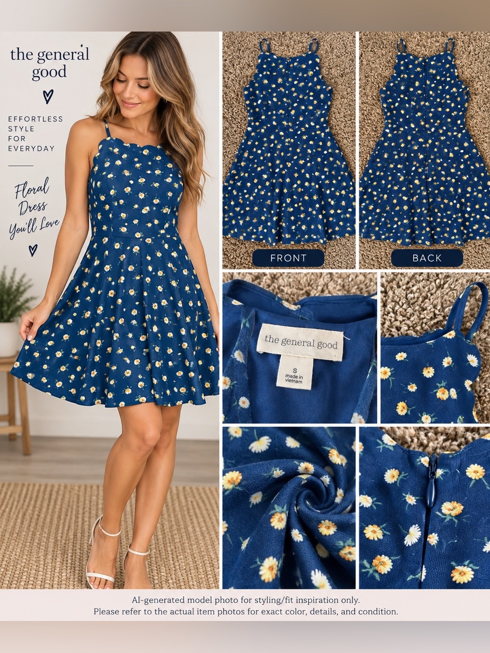 The General Good Navy Daisy Print Scallop Mini Dress